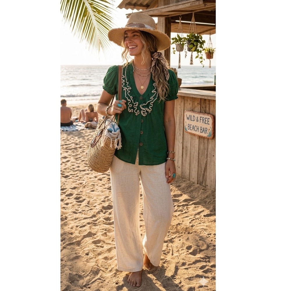 Odille Anthropologie Green Pom Pom Trim Smocked Back Button Front Blouse Size 2